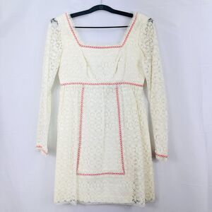 1960s VTG Girls Lace Dress Cream Pink Ribbon Empire Waist Sz 9/10 Cottagecore